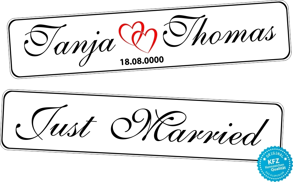 Schild Kfz Kennzeichen Hochzeitsschilder Namen mit Herzen  Datum auf 2 